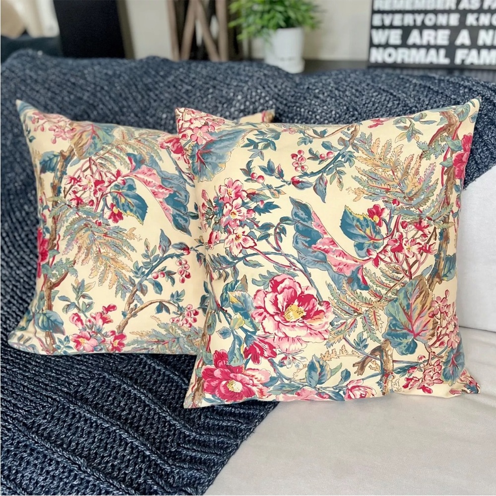 2 Ralph Lauren Tangier Floral CUSTOM Pillow Shams Cream Blue Tropical Buds Pink